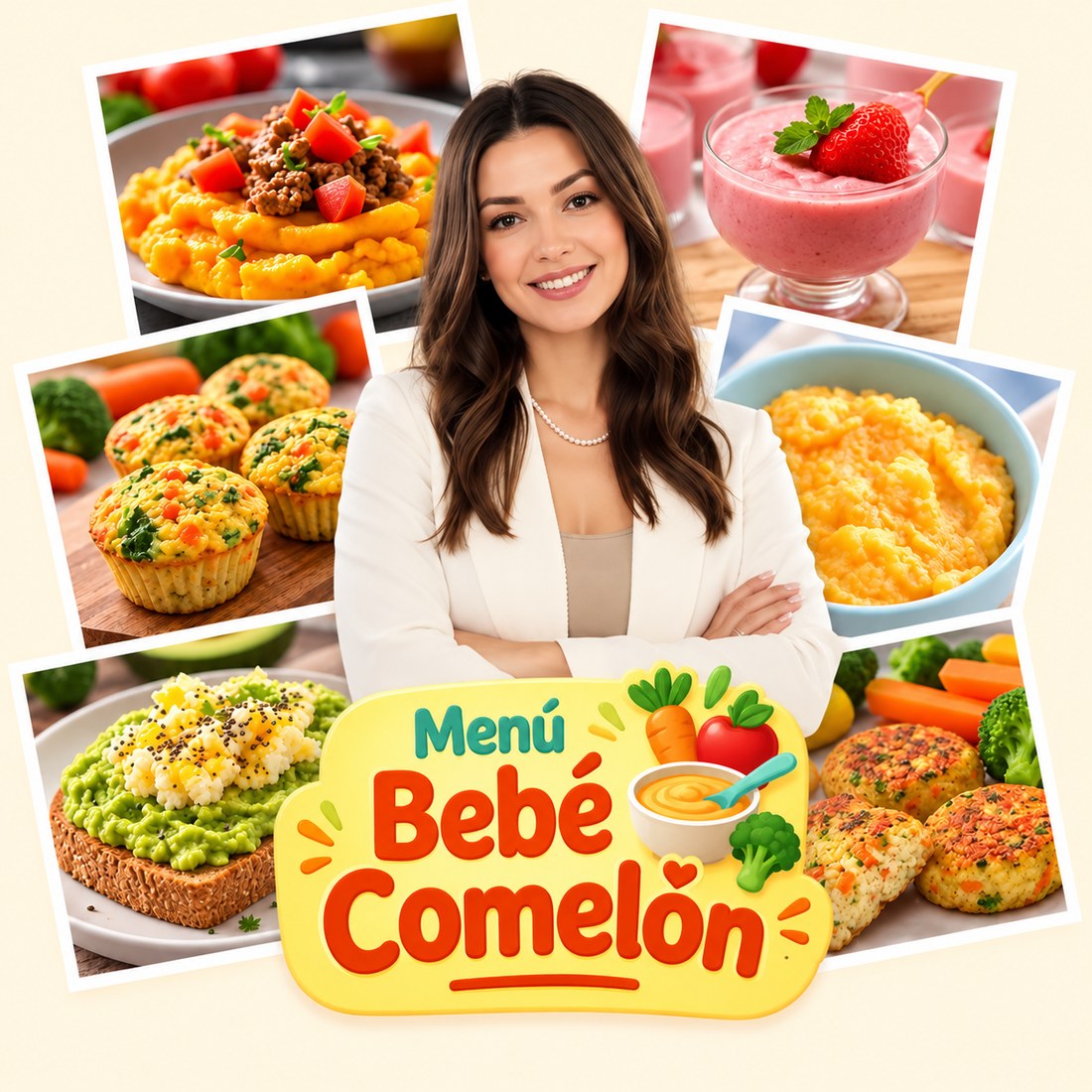Chef Daniela Ortiz rodeada de recetas para bebé del Menú Bebé Comelón