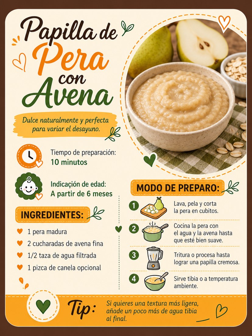 Receta: Papilla de pera con avena